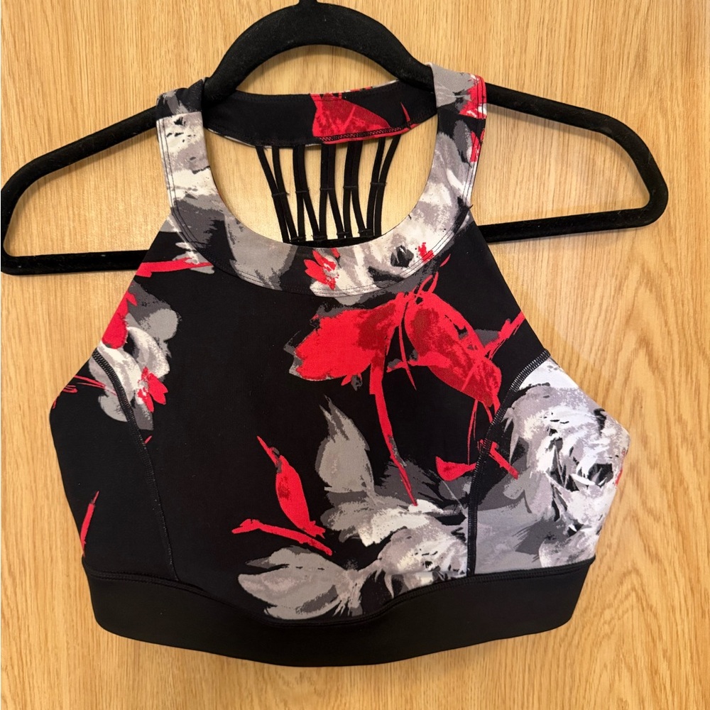 DK Active High Neck Sports Bra XL Strappy Back Floral Black Red